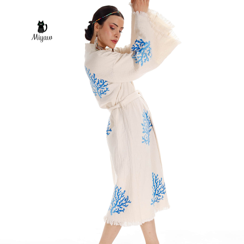 Handcrafted Organic Cotton Kimono in Blue Sea Coral | | Wiccan Center