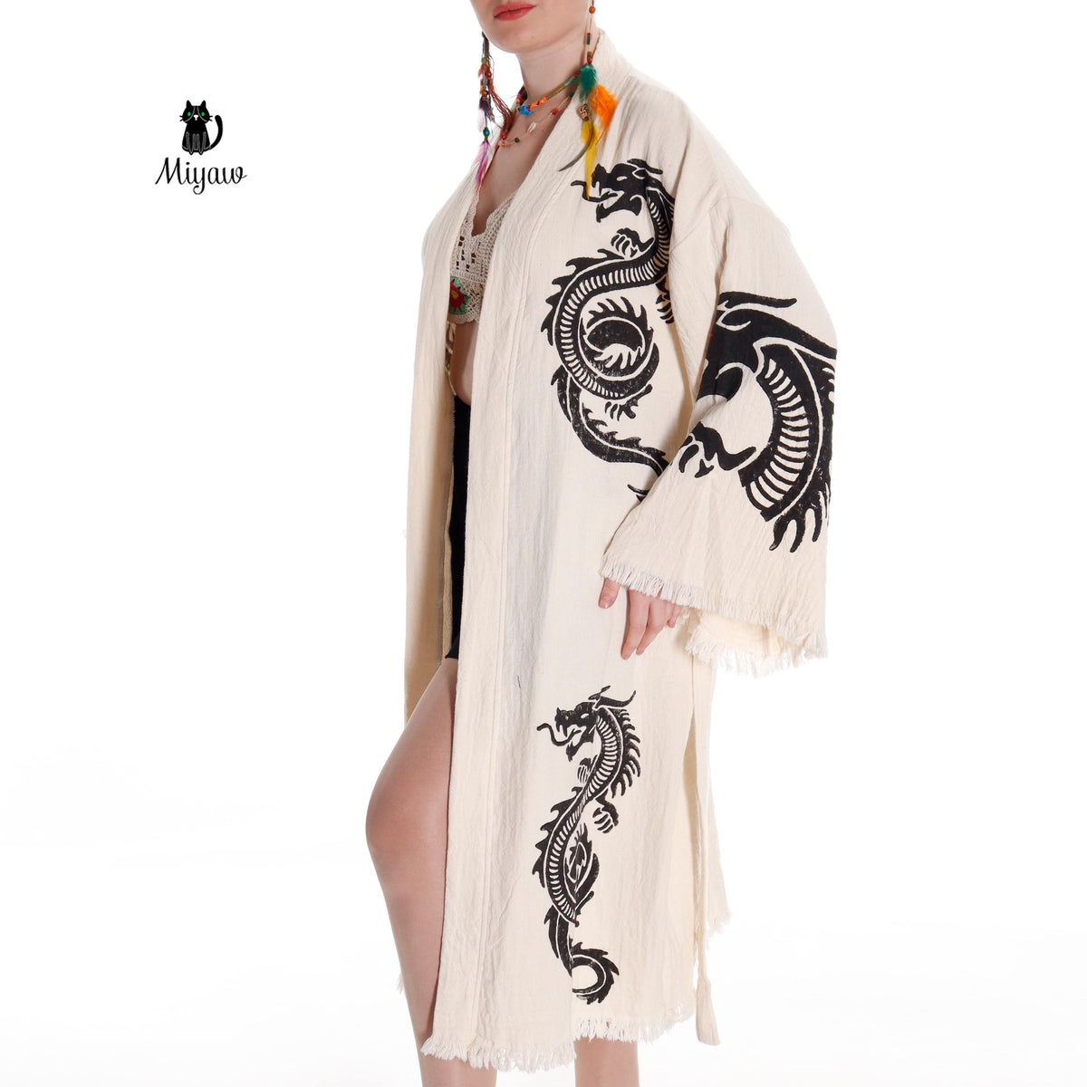 Boho Cotton Bath Robe – Organic Cotton Kimono Robe for Women, Dragon Gown & Beach Cover Ups