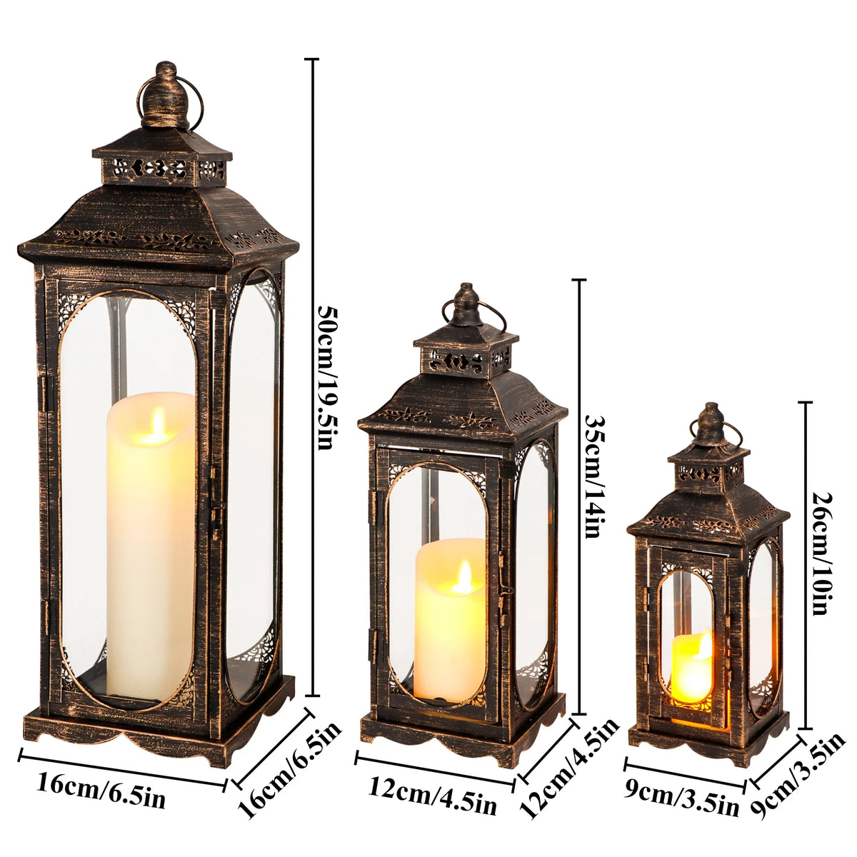 Set of 3 Vintage Candle Lanterns 10/14/19.5''H Decorative Outdoor Lantern | Decorative Candle Lantern | Wiccan Center