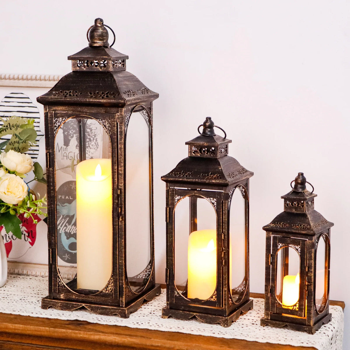 Set of 3 Vintage Candle Lanterns 10/14/19.5''H Decorative Outdoor Lantern | Decorative Candle Lantern | Wiccan Center