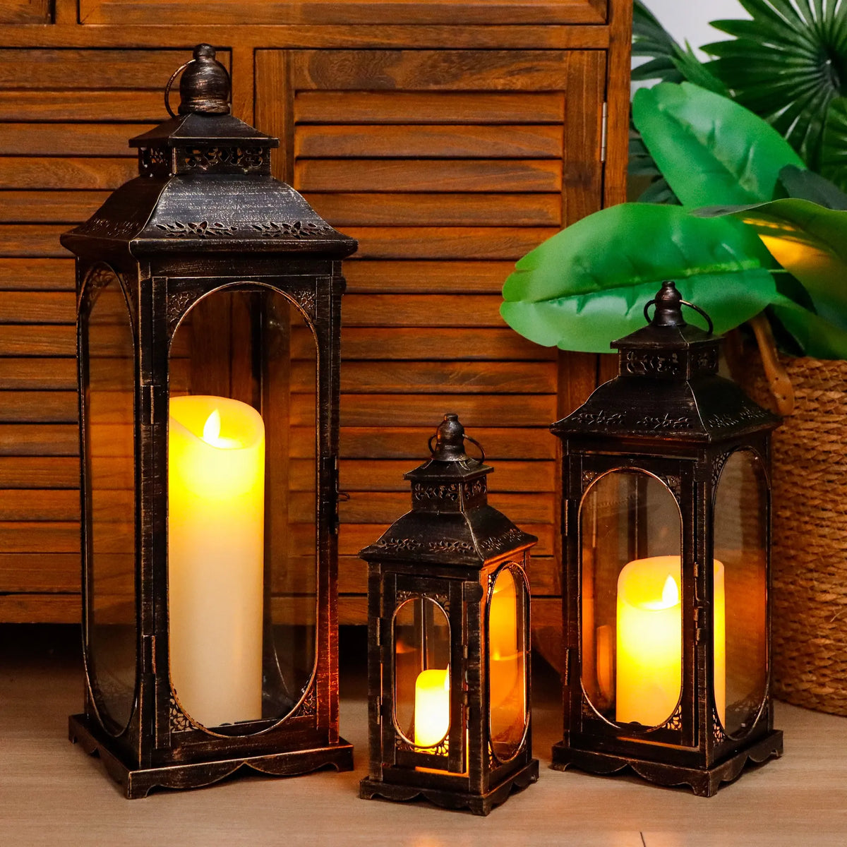 Set of 3 Vintage Candle Lanterns 10/14/19.5''H Decorative Outdoor Lantern | Decorative Candle Lantern | Wiccan Center