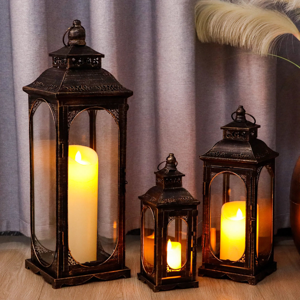 Set of 3 Vintage Candle Lanterns 10/14/19.5''H Decorative Outdoor Lantern | Decorative Candle Lantern | Wiccan Center