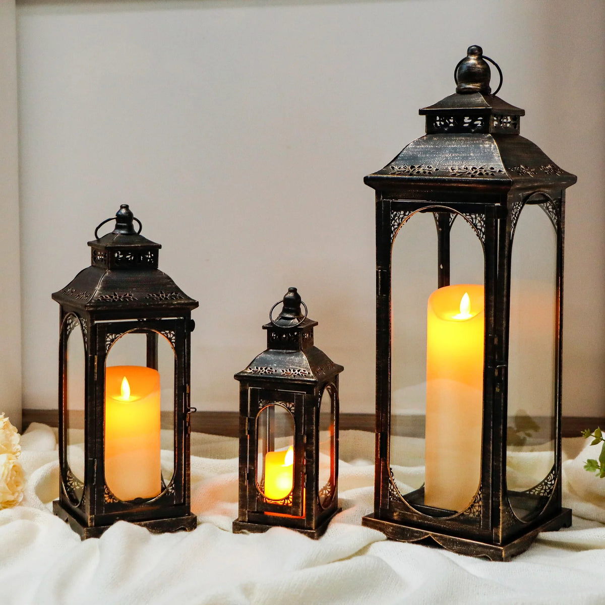 Set of 3 Vintage Candle Lanterns 10/14/19.5''H Decorative Outdoor Lantern | Decorative Candle Lantern | Wiccan Center