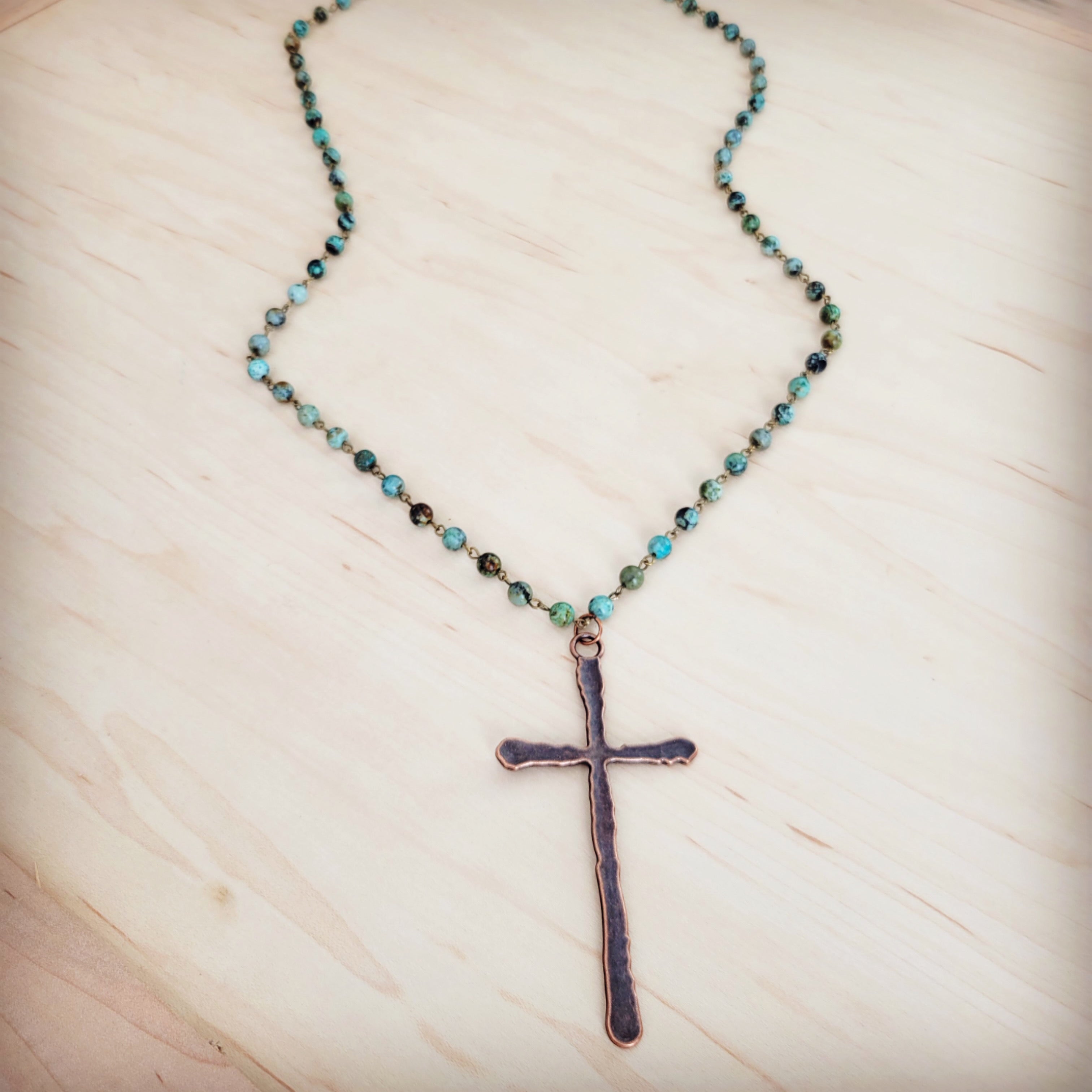 Genuine African Turquoise Long Beaded Necklace with Antique Copper Cross 262y | Necklace | Wiccan Center