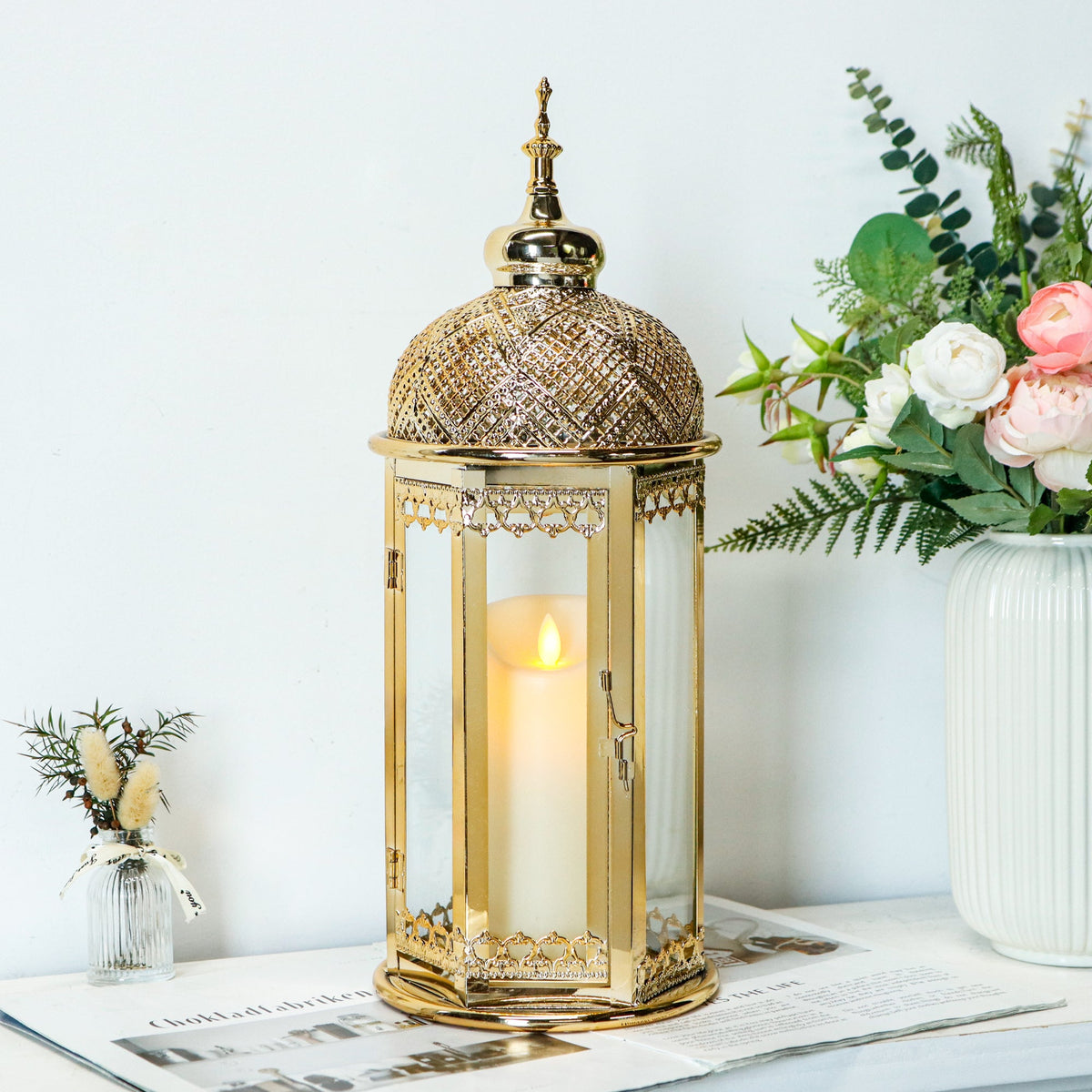 Moroccan Candle Lantern 37cm High Gold Candle Holder with Tempered Glass （40pcs） | | Wiccan Center