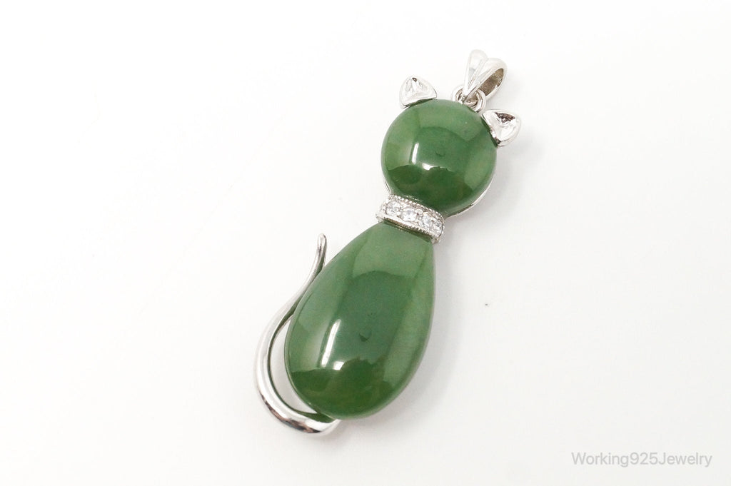 Large Kitten Cat Nephrite Cubic Zirconia Sterling Silver Necklace Pendant | Jewelry > Necklaces > Pendants | Wiccan Center
