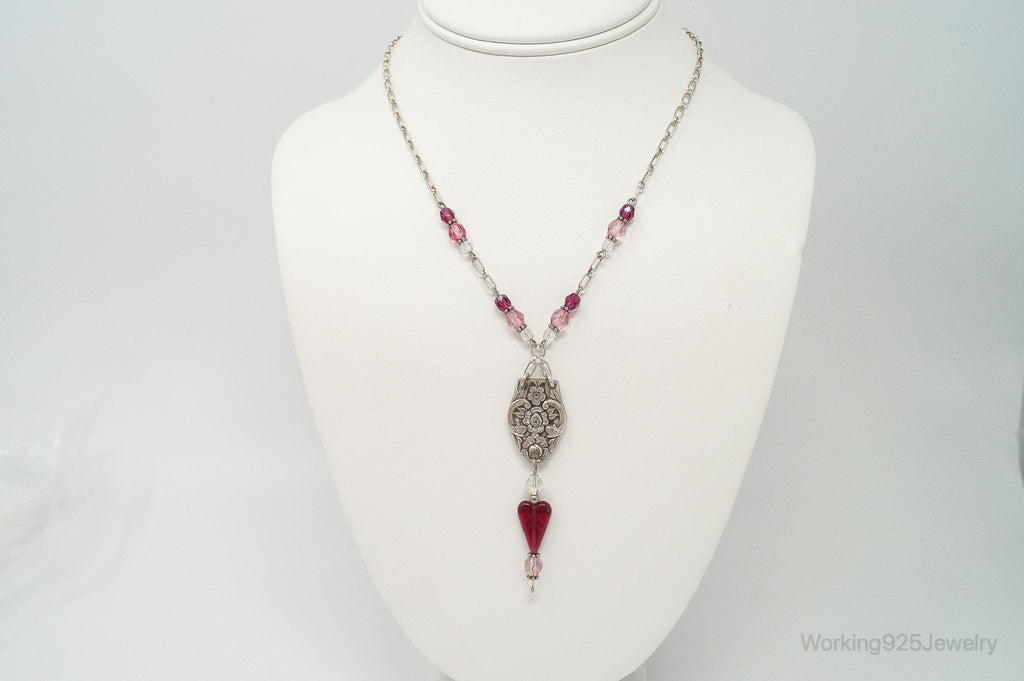 Vintage Floral Spoon Repousse Glass Heart Crystal Sterling Silver Necklace | Jewelry > Necklaces > Pendants | Wiccan Center