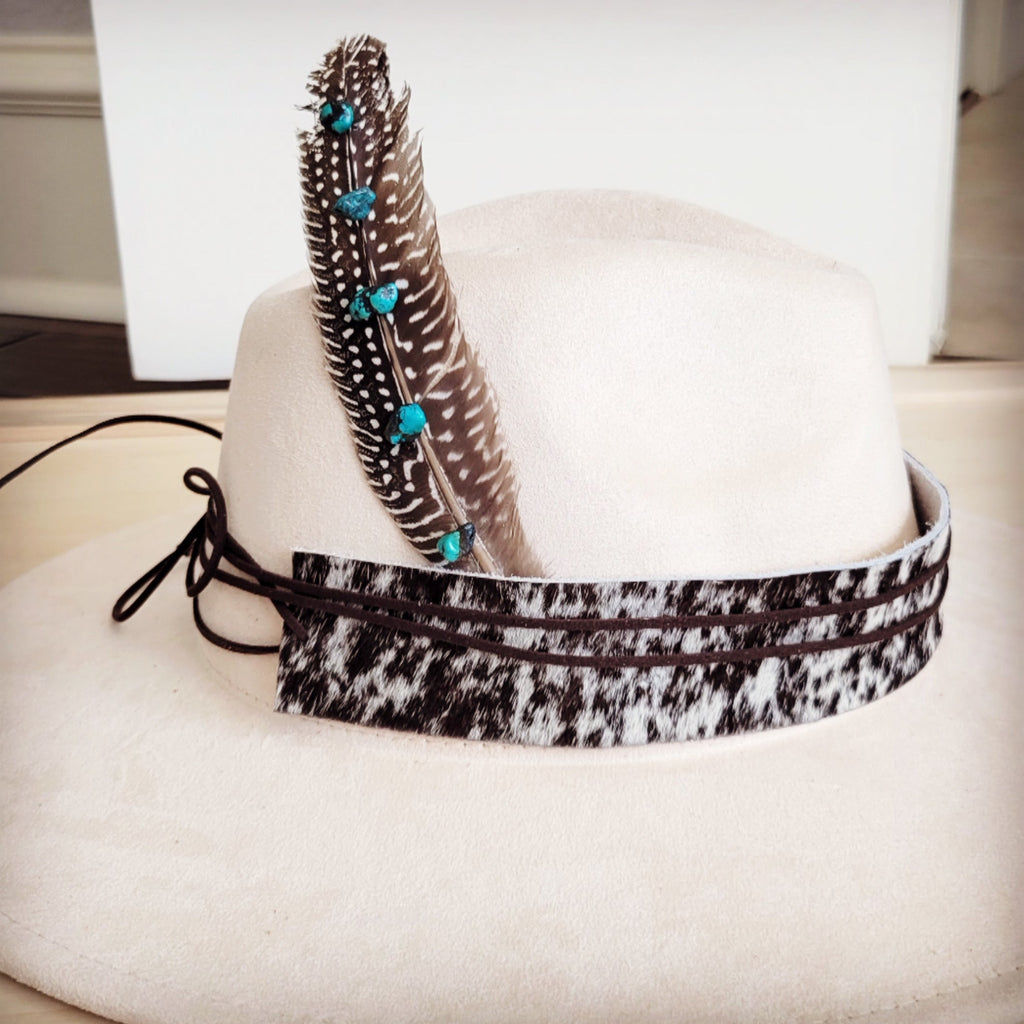 Spotted Turkey Feather Hat Accent w/ Turquoise Stones 954v | Hat Band | Wiccan Center
