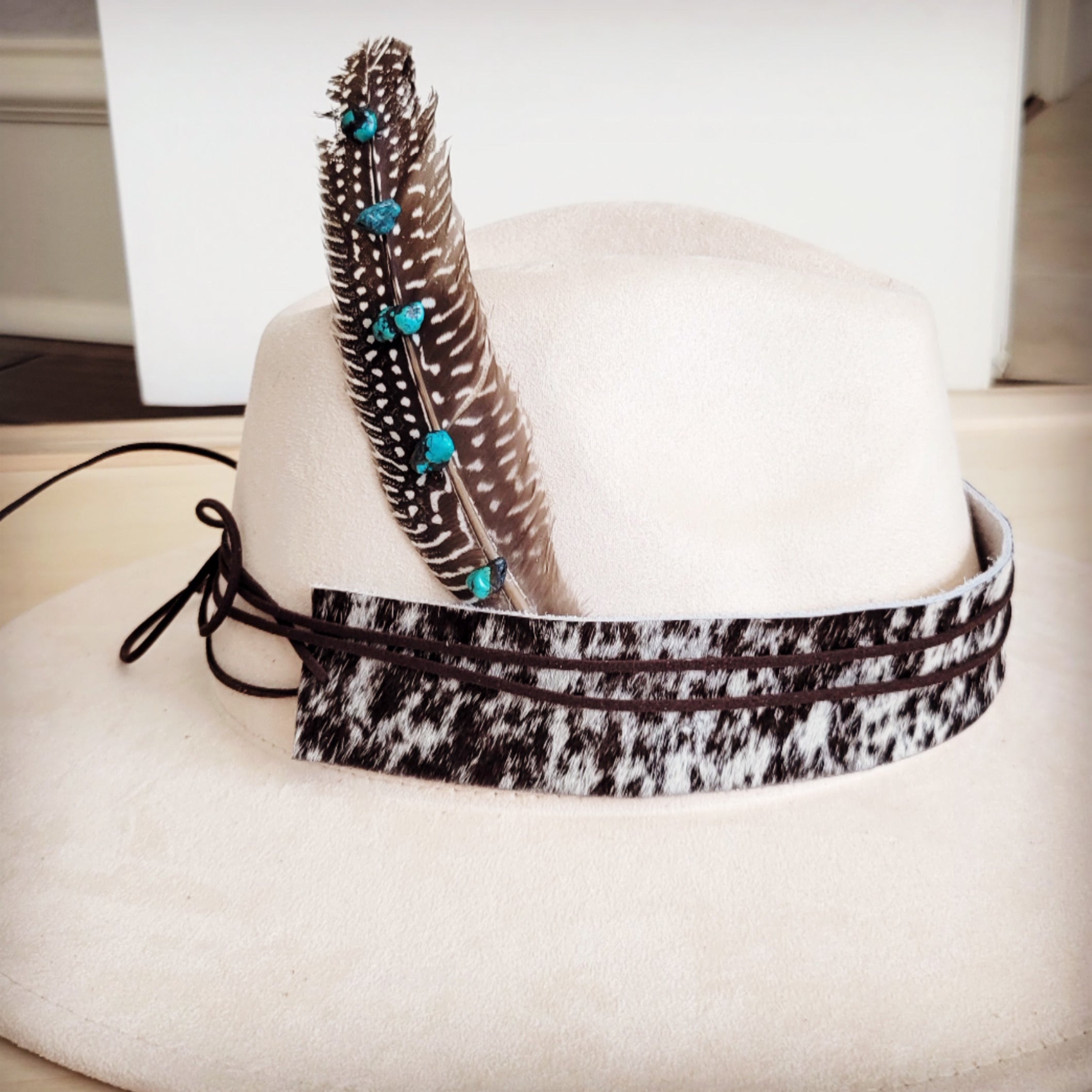 Spotted Turkey Feather Hat Accent w/ Turquoise Stones 954v | Hat Band | Wiccan Center