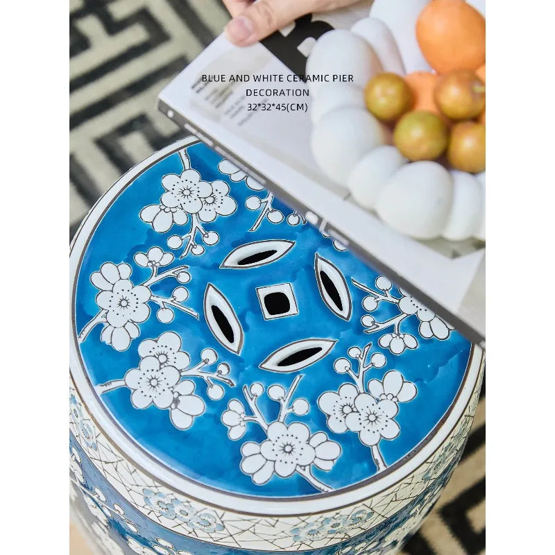 New Chinese Hand-Painted Blue & White Porcelain Drum Stool | Plum Blossom Side Table | Stools | Wiccan Center