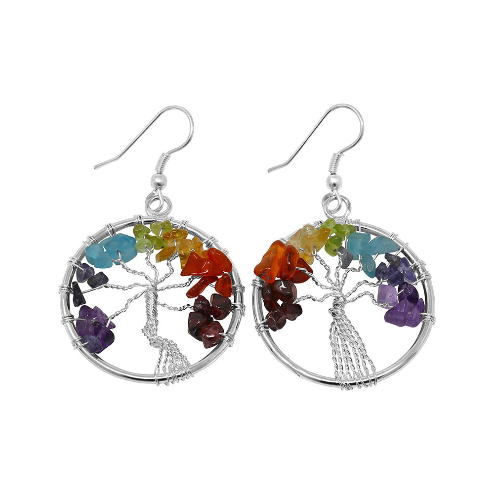 7 Chakra Wire Wrapped Tree of Life Earrings - Sacred Geometry | Gemstone Jewelry > Earrings | Wiccan Center