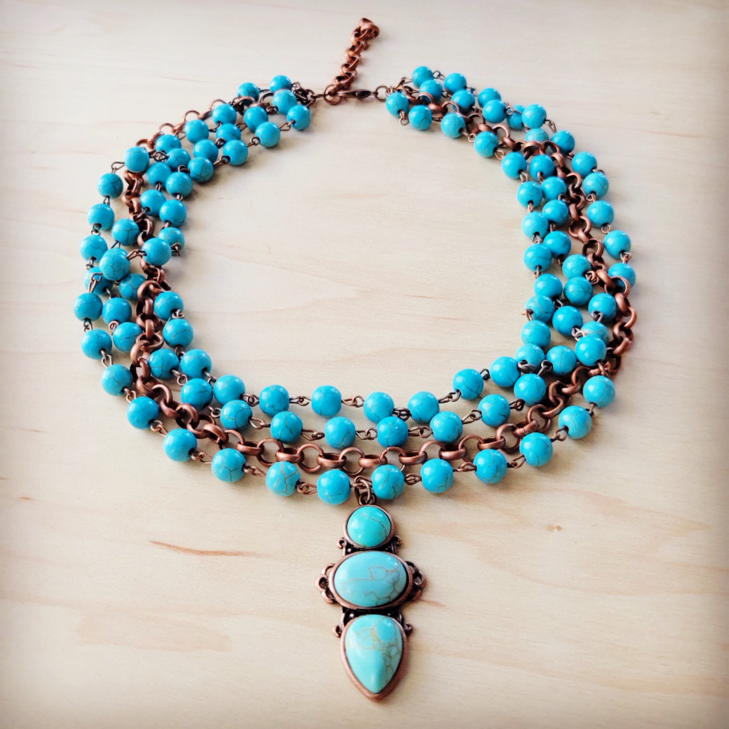 Triple Strand Turquoise & Copper Collar Necklace w/ Droplet Pendant 257lm | Necklace | Wiccan Center