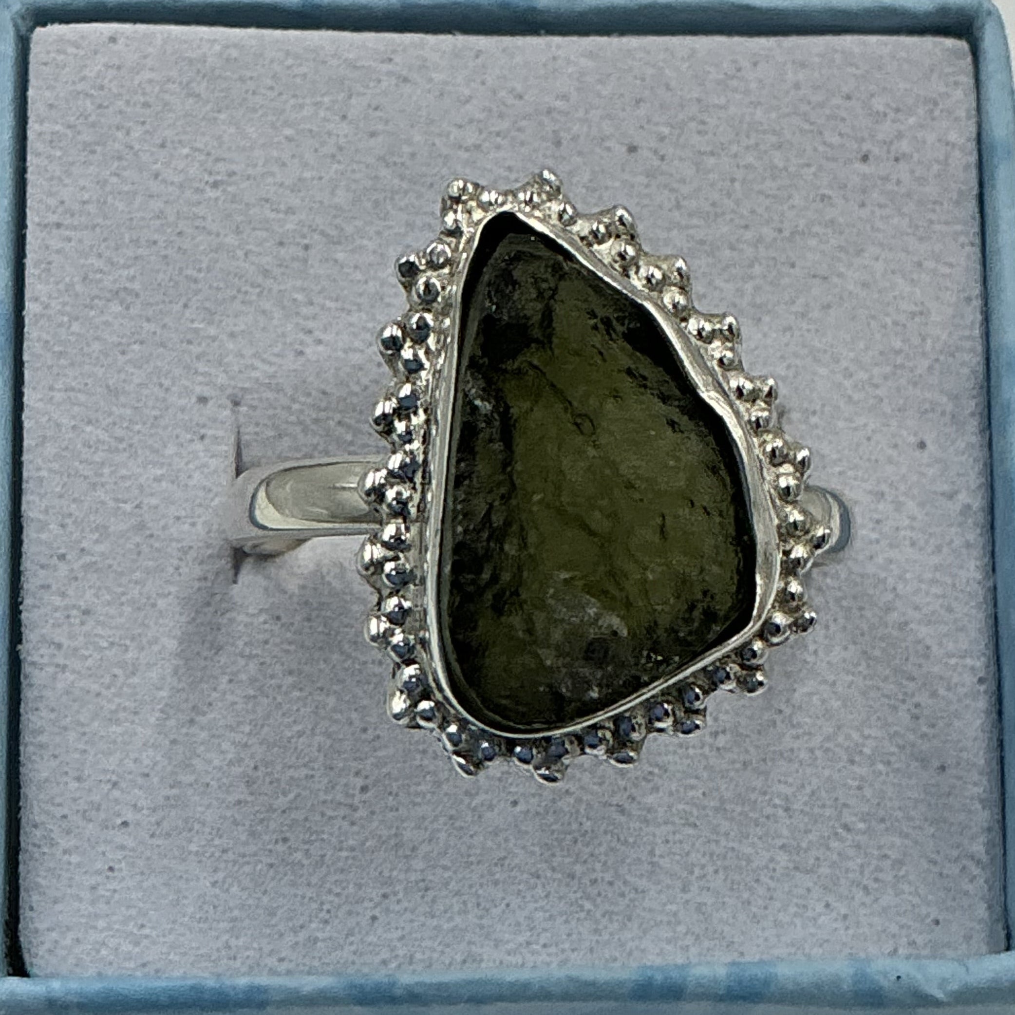 Sterling Silver Sunburst Natural Moldavite Ring - Size 10 - Transformation & Awakening | Rings | Wiccan Center