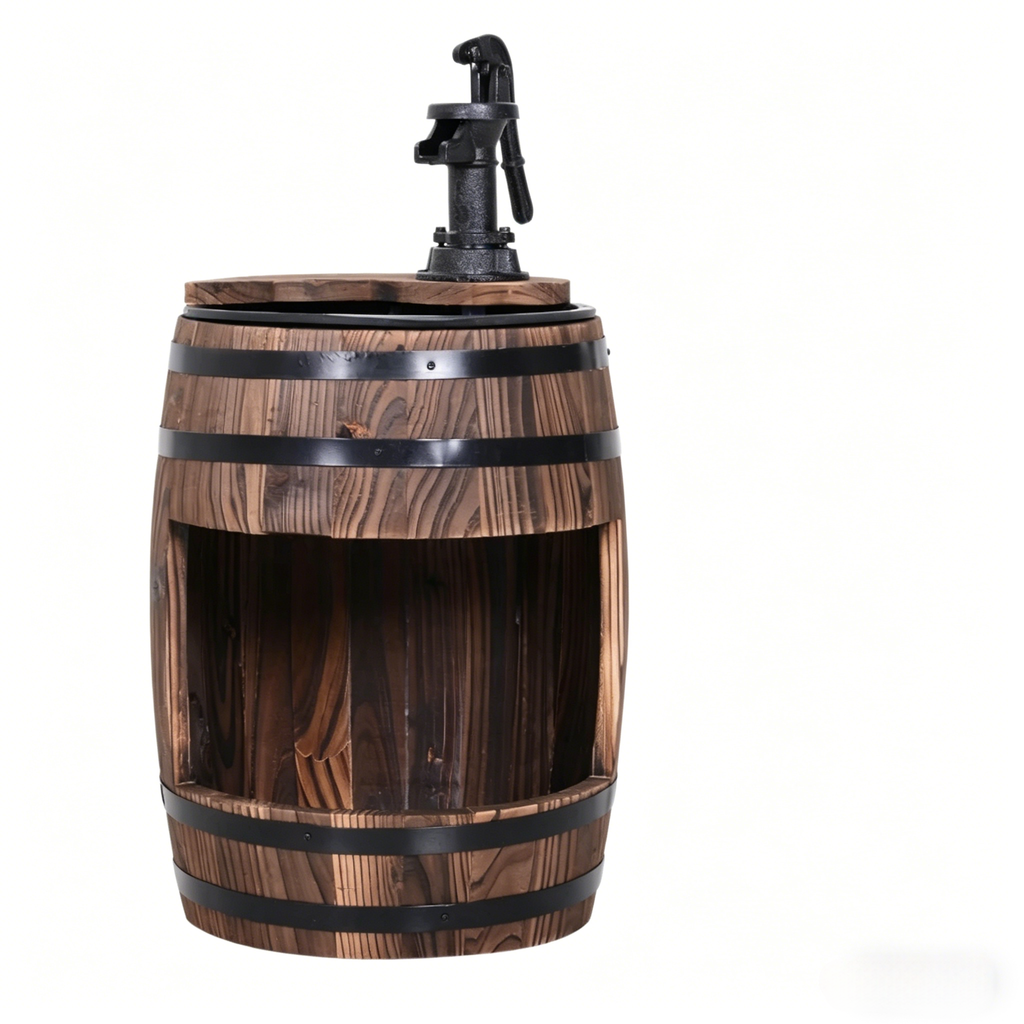 Wood and Iron Barrel Pump Fountain Planter 23 Inch | Outdoor Fountain | Wiccan Center