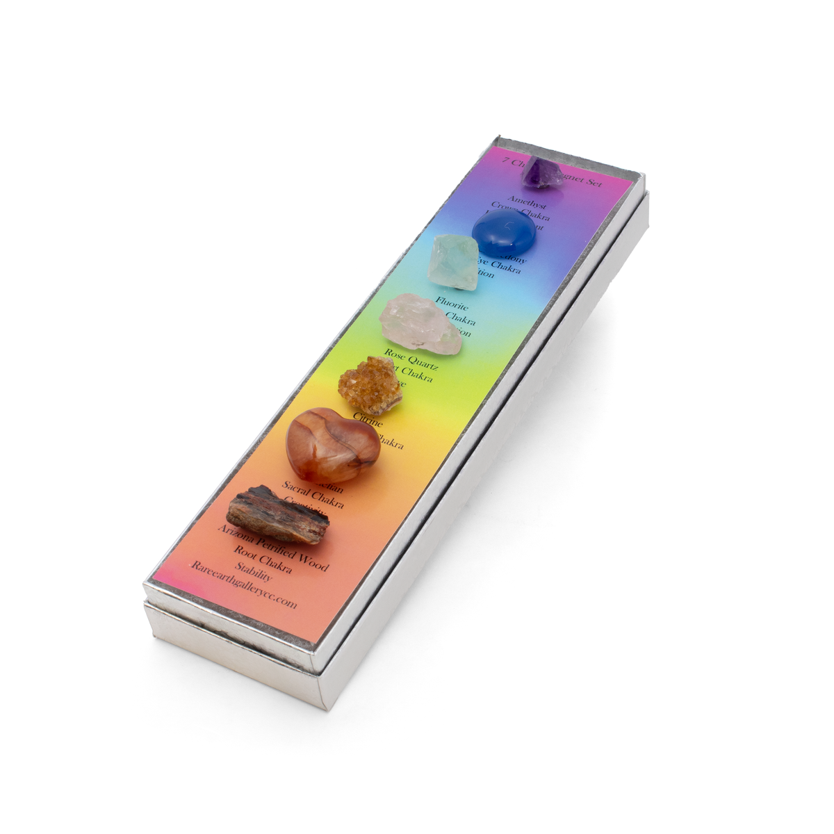 7 Chakra Magnet Set - Set 1 with Amethyst Crystal, Dyed Blue Chalcedony Cabochon, Raw Fluorite Cubic Crystal, Raw Rose Quartz from Brazil, Citrine Crystal Cluster, Carnelian Heart & AZ Petrified Wood | | Wiccan Center