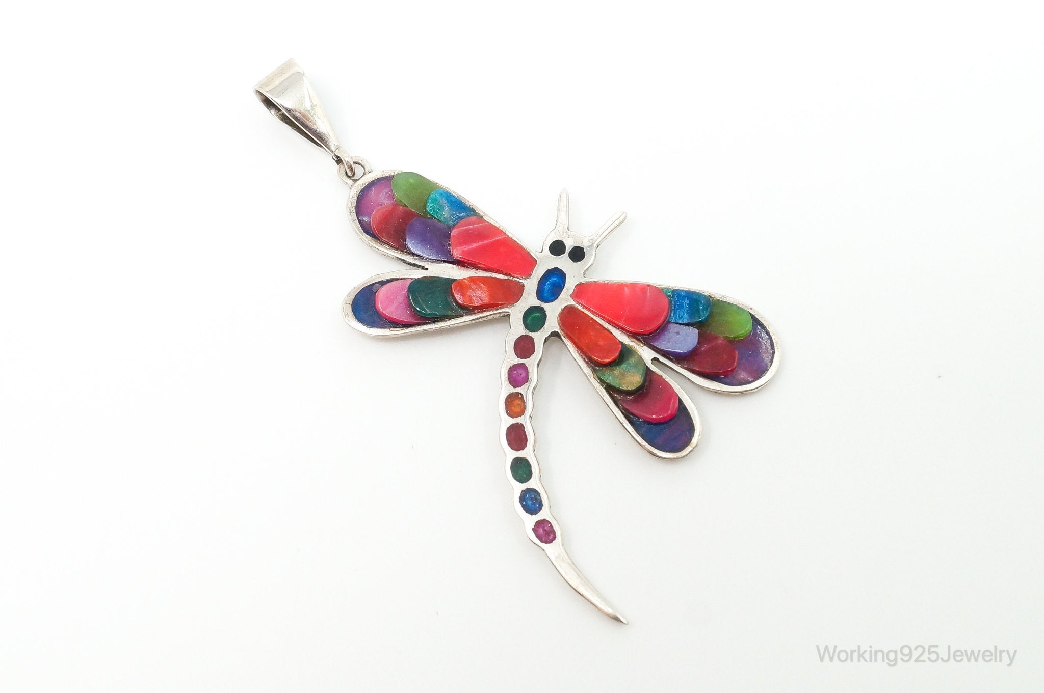 Large Vintage Handmade Multi Color Gem Inlay Dragonfly 950 Silver Pendant | Jewelry > Necklaces > Pendants | Wiccan Center