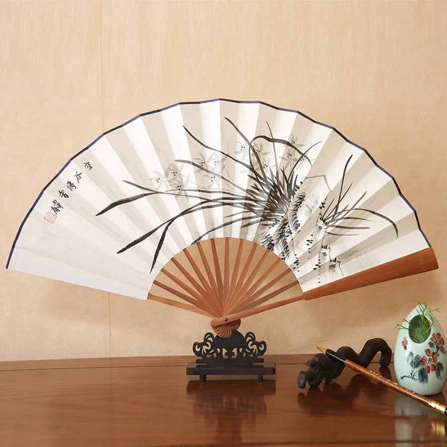 1Pcs Chinese Style Retro Folding Silk Fan Decorative Men Pocket Bamboo Handle Hand Held Fan Party Favors Home Decoration Crafts