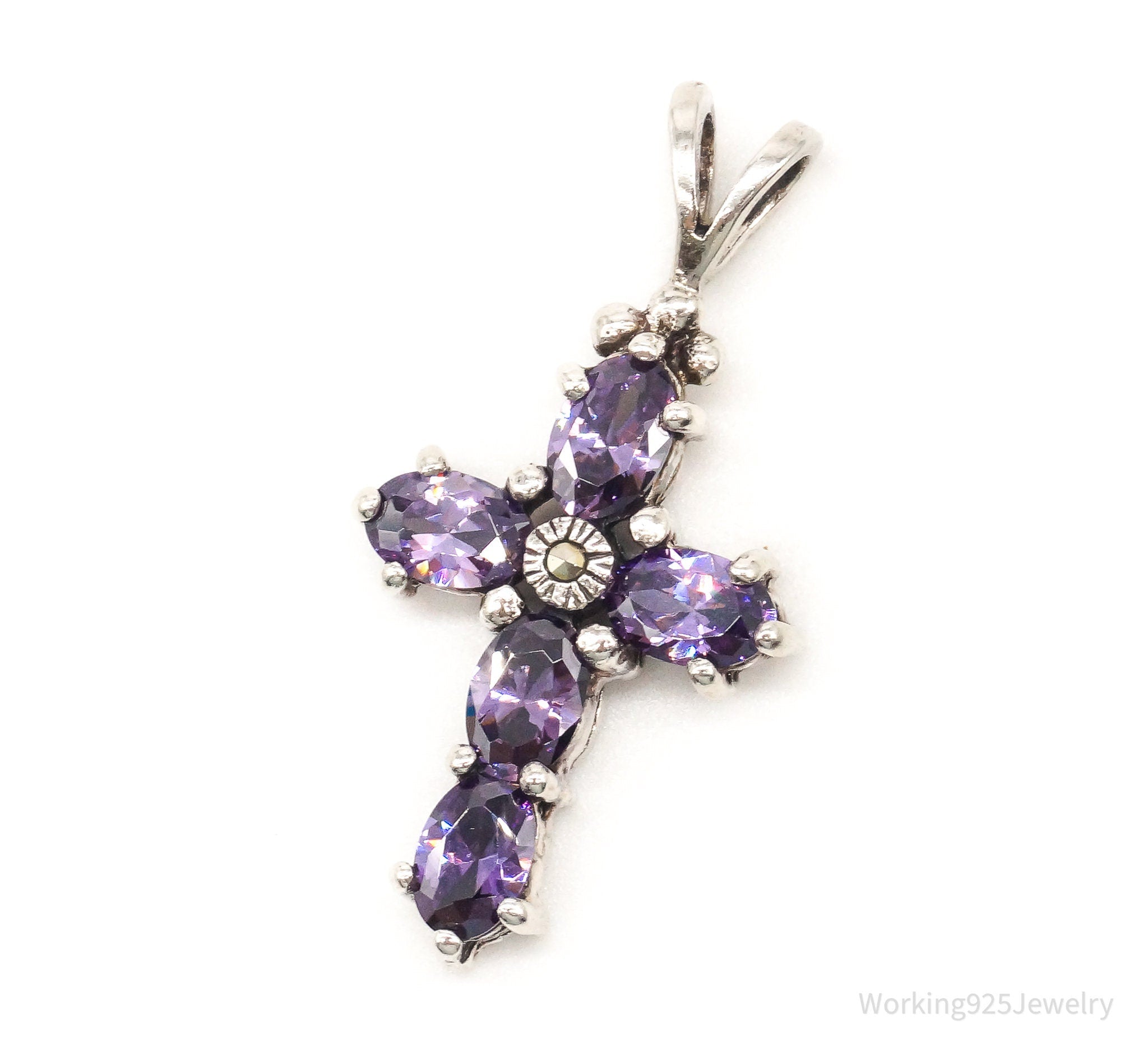 Vintage Purple Cubic Zirconia Marcasite Cross Sterling Silver Pendant | Jewelry > Necklaces > Pendants | Wiccan Center