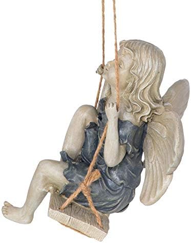 Design Toscano EU42046 Summertime Fairy on a Swing Hanging Statue, 11 Inch, Polyresin, Two Tone Stone | Outdoor Statues | Wiccan Center