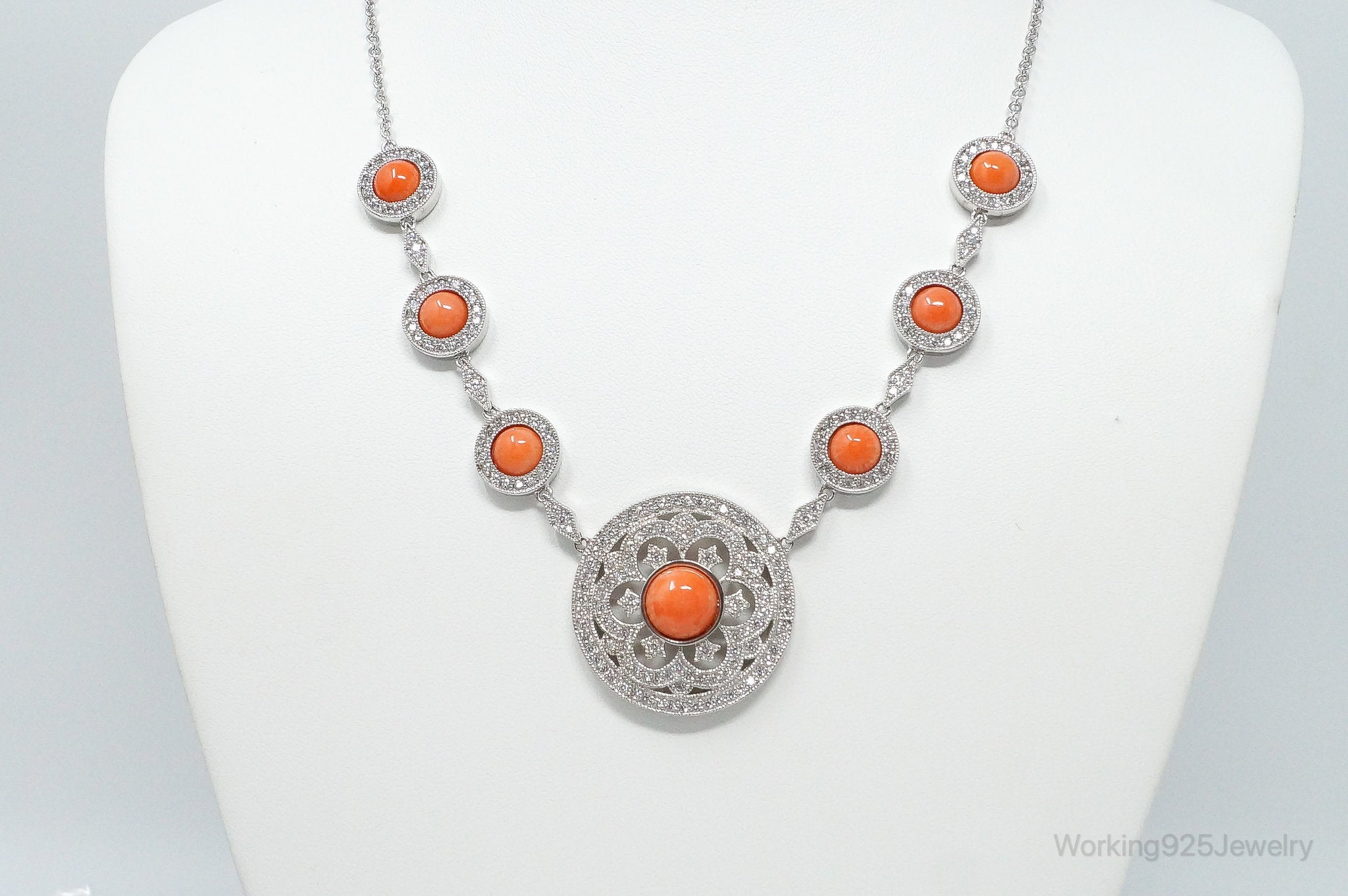 Vintage Designer Joseph Esposito Coral Cubic Zirconia Sterling Silver Necklace | Jewelry > Necklaces > Pendants | Wiccan Center