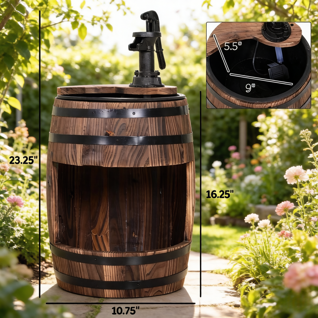 Wood and Iron Barrel Pump Fountain Planter 23 Inch | Outdoor Fountain | Wiccan Center