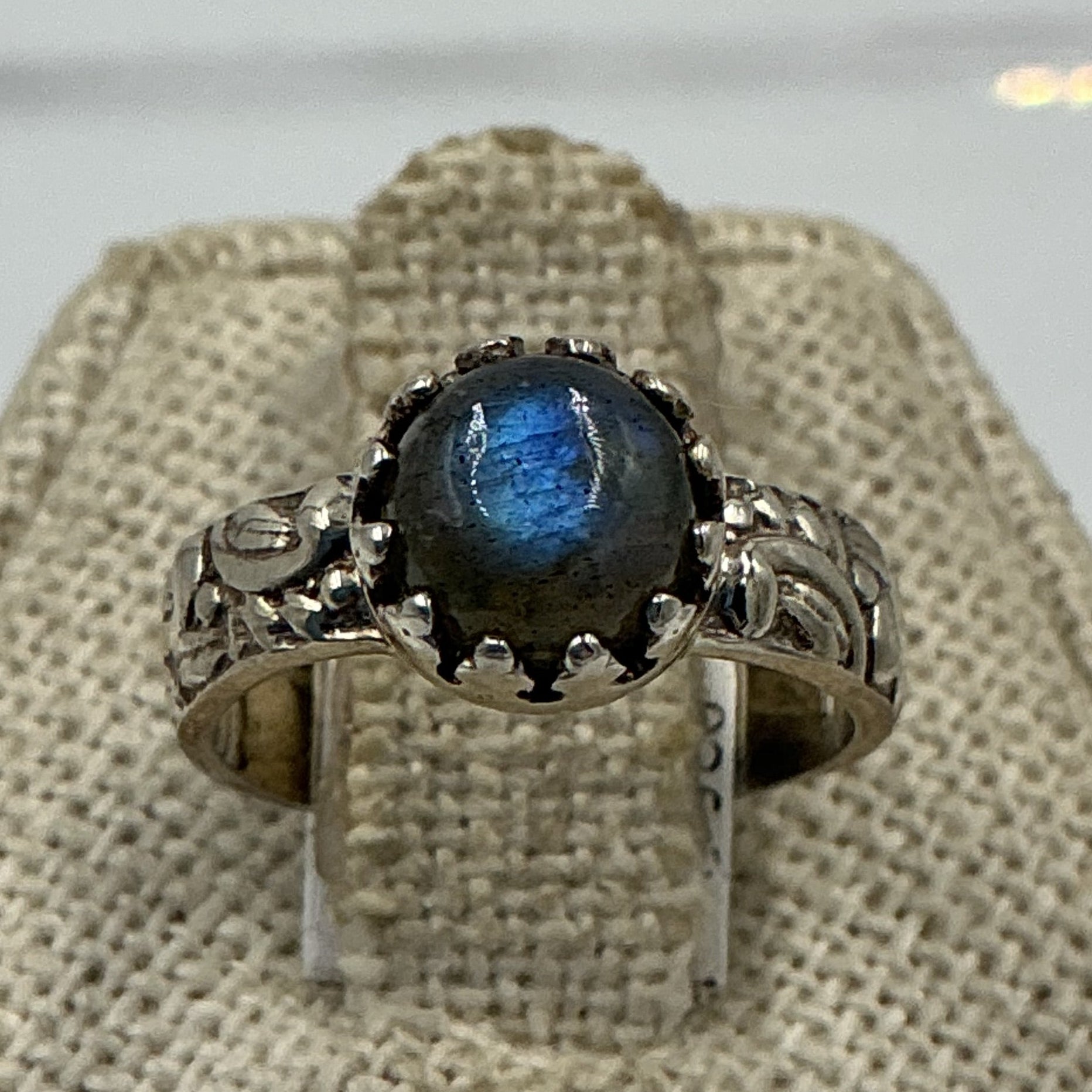 Sterling Silver Labradorite Ornate Round Ring - Size 5 - Magic and Protection | Rings | Wiccan Center
