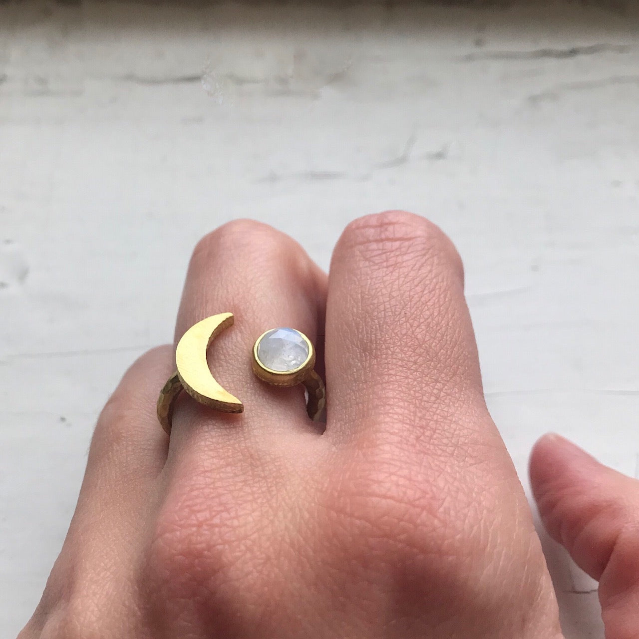 Moon Goddess Ring - Crescent Moon with Rainbow Moonstone | Ring | Wiccan Center