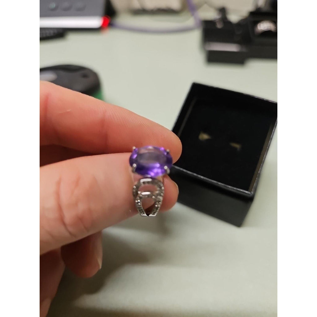 Womens 14K White Gold Platinum Finish Size 6 Ring Amethyst & Diamonds