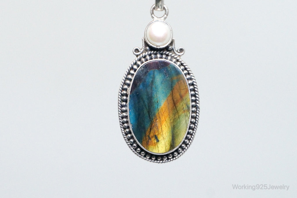 Vintage Large Labradorite Pearl Sterling Silver Necklace Pendant | Jewelry > Necklaces > Pendants | Wiccan Center