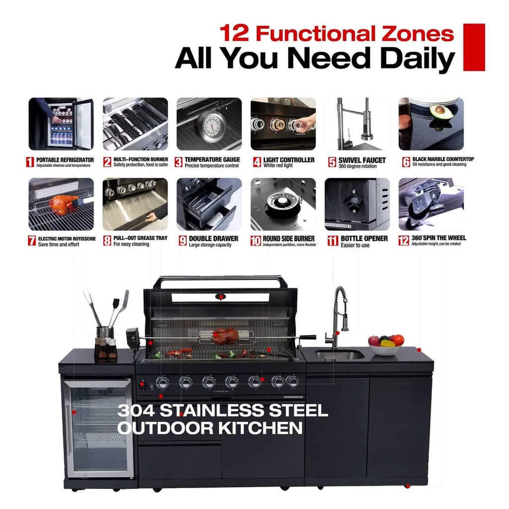 Castelle Flame Belmont 43-Inch 6-Burner 85K BTU Stainless Steel Outdoor BBQ Kitchen Grill Island With Wine Cooler, Rotisserie, And Sink (SAK19476) | Outdoor Kitchen Islands | Wiccan Center