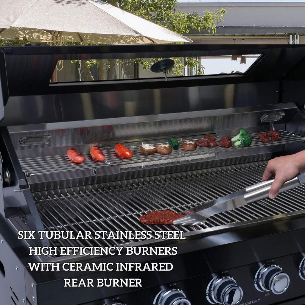 Castelle Flame Belmont 43-Inch 6-Burner 85K BTU Stainless Steel Outdoor BBQ Kitchen Grill Island With Wine Cooler, Rotisserie, And Sink (SAK19476) | Outdoor Kitchen Islands | Wiccan Center