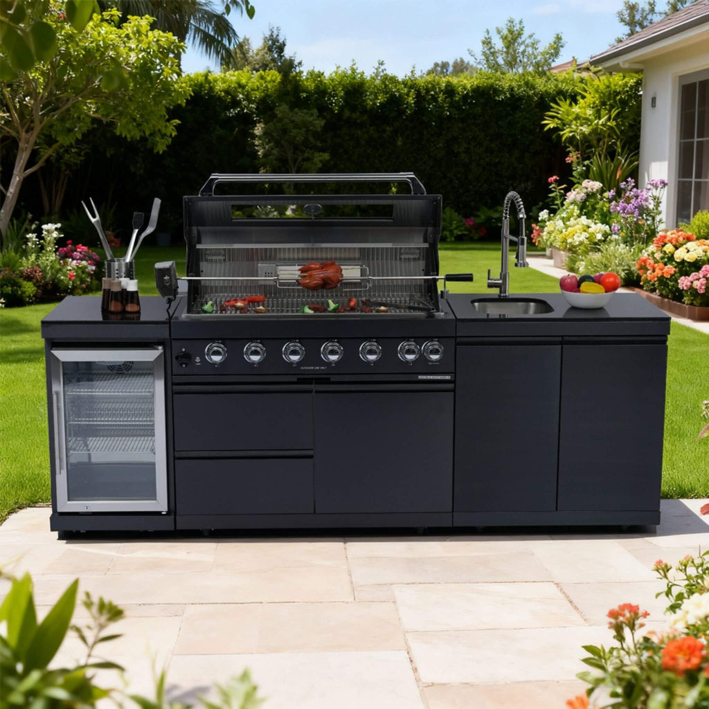 Castelle Flame Belmont 43-Inch 6-Burner 85K BTU Stainless Steel Outdoor BBQ Kitchen Grill Island With Wine Cooler, Rotisserie, And Sink (SAK19476) | Outdoor Kitchen Islands | Wiccan Center