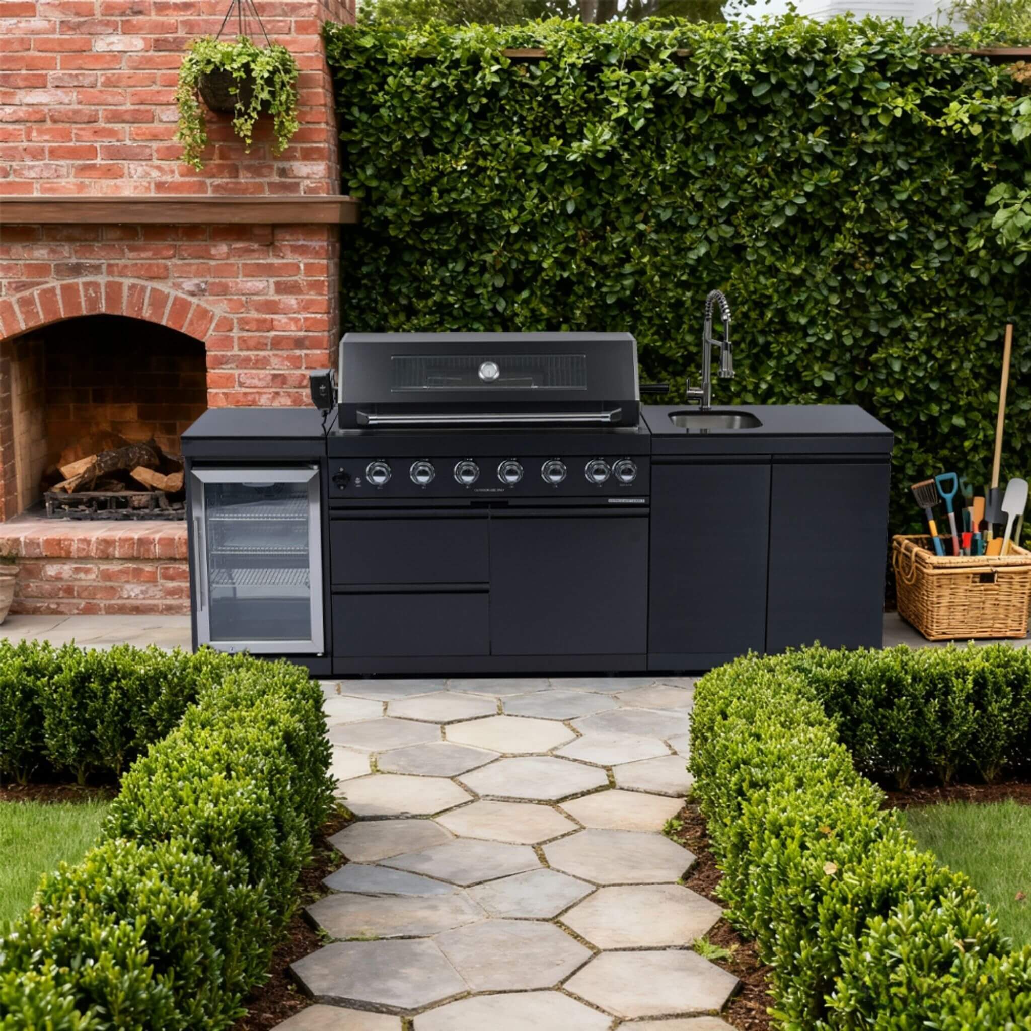 Castelle Flame Belmont 43-Inch 6-Burner 85K BTU Stainless Steel Outdoor BBQ Kitchen Grill Island With Wine Cooler, Rotisserie, And Sink (SAK19476) | Outdoor Kitchen Islands | Wiccan Center