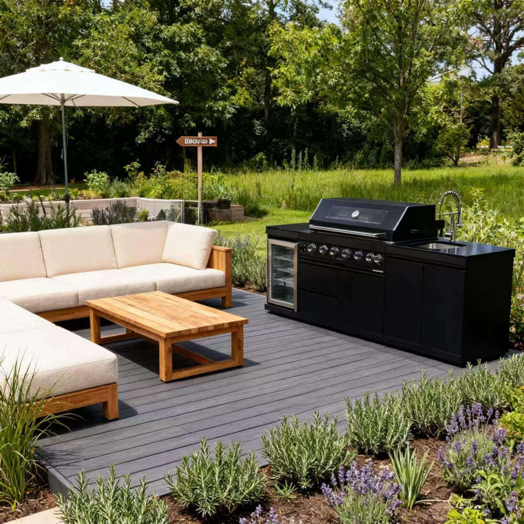 Castelle Flame Belmont 43-Inch 6-Burner 85K BTU Stainless Steel Outdoor BBQ Kitchen Grill Island With Wine Cooler, Rotisserie, And Sink (SAK19476) | Outdoor Kitchen Islands | Wiccan Center
