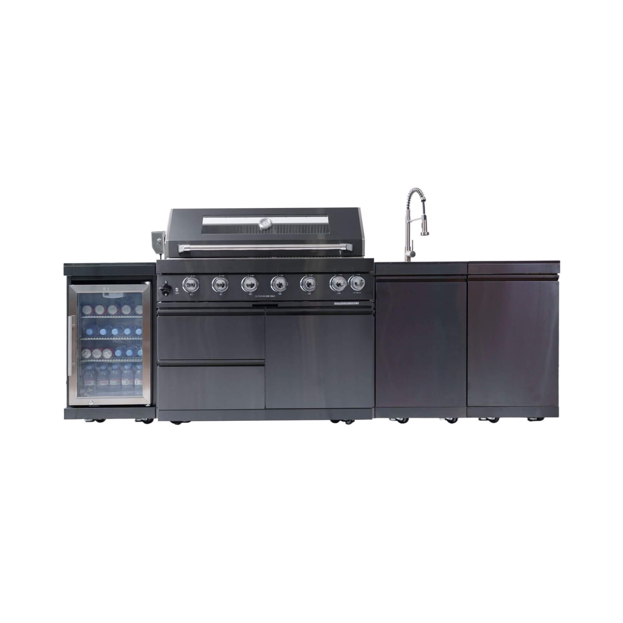 Castelle Flame Belmont 43-Inch 6-Burner 85K BTU Stainless Steel Outdoor BBQ Kitchen Grill Island With Wine Cooler, Rotisserie, And Sink (SAK19476) | Outdoor Kitchen Islands | Wiccan Center