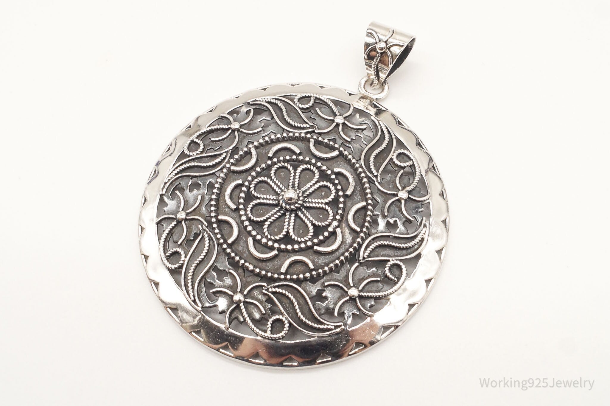 Large India Designer Doug Paulus Ornate Flower Sterling Silver Pendant | Jewelry > Necklaces > Pendants | Wiccan Center
