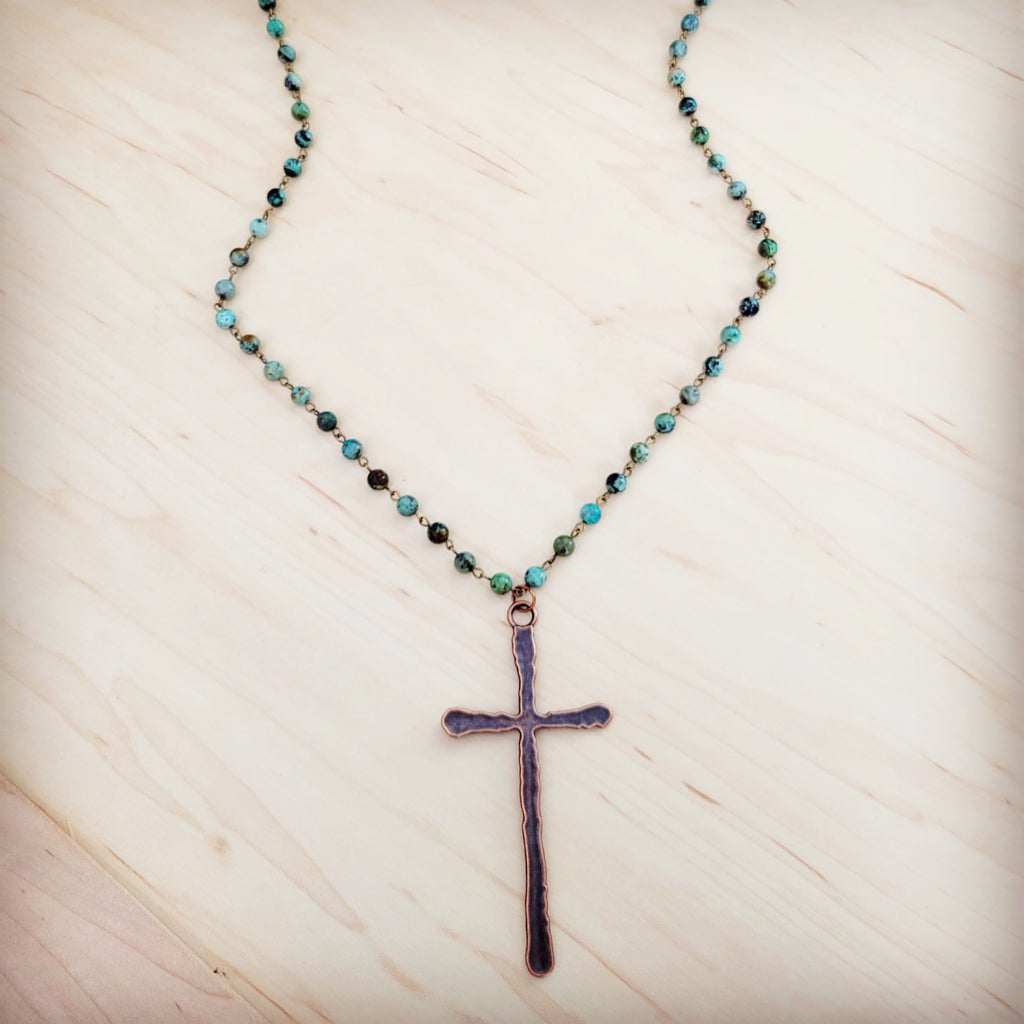 Genuine African Turquoise Long Beaded Necklace with Antique Copper Cross 262y | Necklace | Wiccan Center
