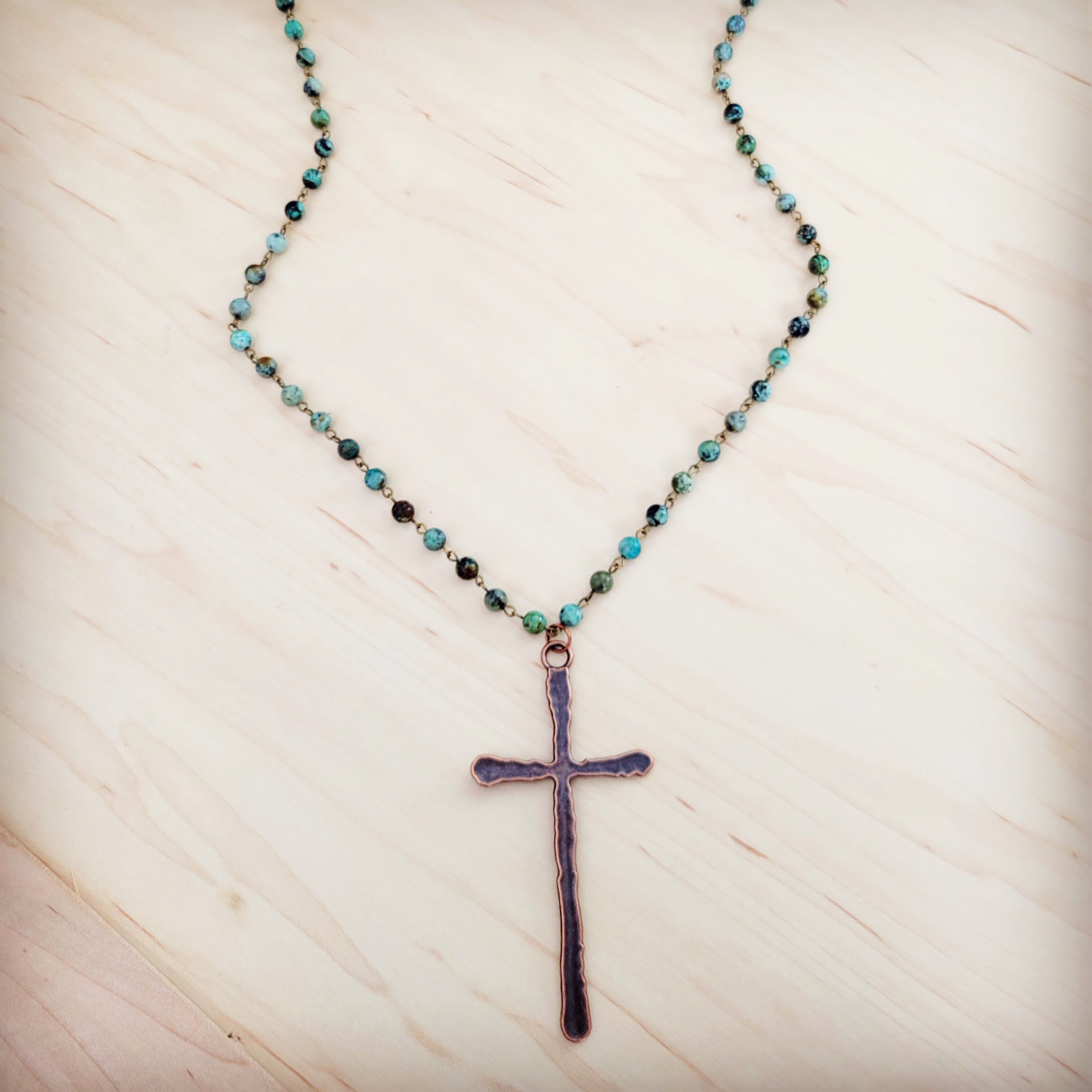 Genuine African Turquoise Long Beaded Necklace with Antique Copper Cross 262y | Necklace | Wiccan Center