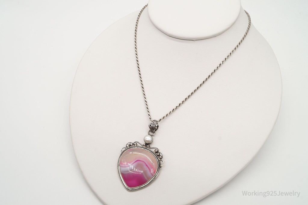 Vintage Large Pink Lace Agate & Pearl Sterling Silver Necklace | Jewelry > Necklaces > Pendants | Wiccan Center