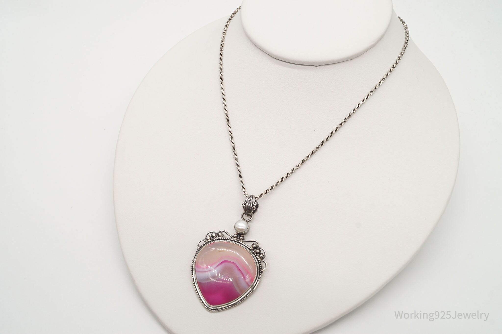 Vintage Large Pink Lace Agate & Pearl Sterling Silver Necklace | Jewelry > Necklaces > Pendants | Wiccan Center