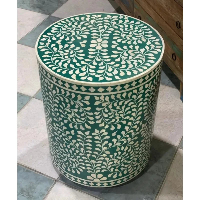 Handcrafted Bone Inlay Accent Table & Drum Stool | Coffee Table | Wiccan Center