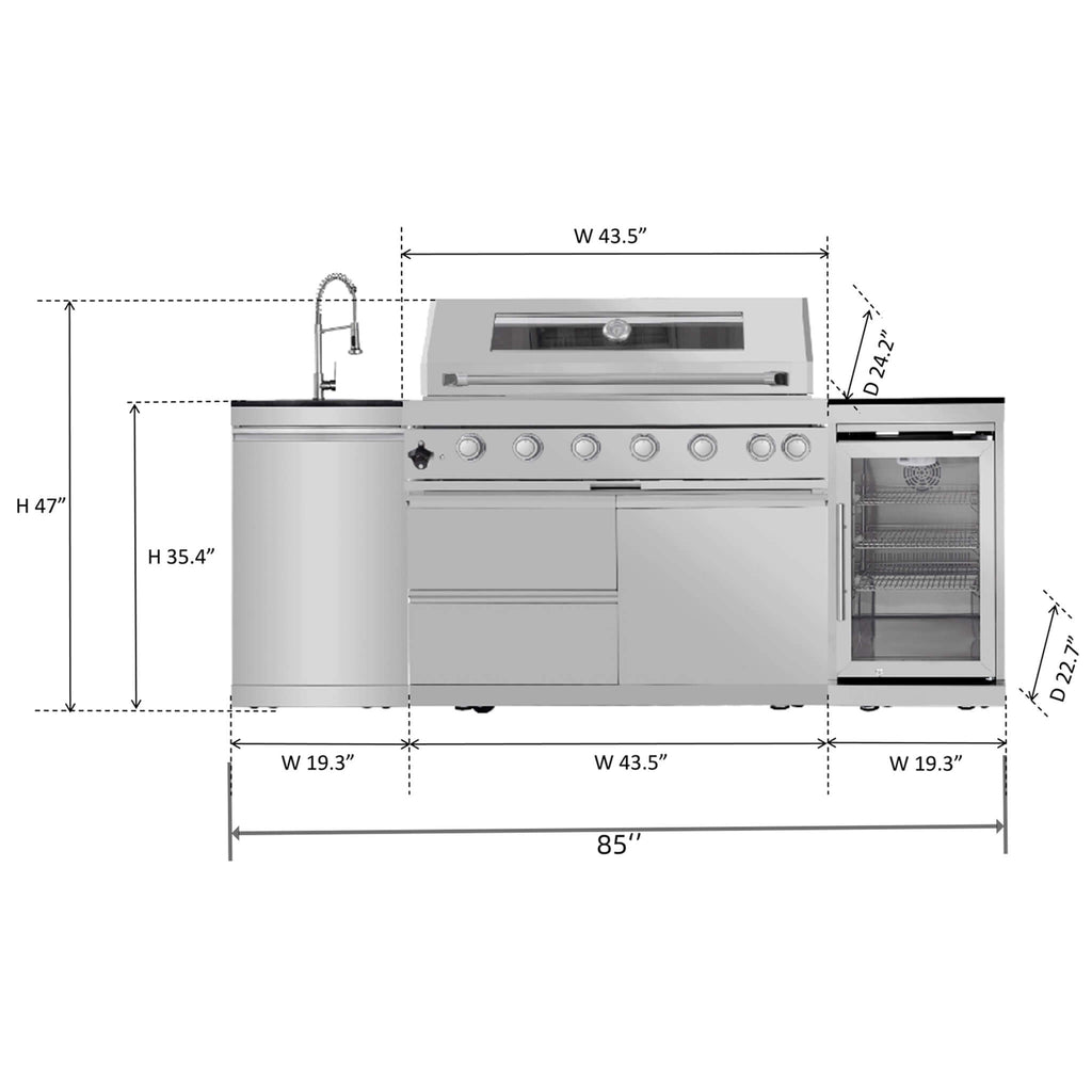 Castelle Flame Verona 44-Inch 6-Burner 85K BTU Stainless Steel Outdoor BBQ Kitchen Grill Island With Wine Cooler, Rotisserie Kit, And Storage Cabinets (SAK97105) | Outdoor Kitchen Islands | Wiccan Center