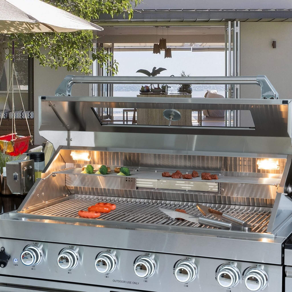 Castelle Flame Verona 44-Inch 6-Burner 85K BTU Stainless Steel Outdoor BBQ Kitchen Grill Island With Wine Cooler, Rotisserie Kit, And Storage Cabinets (SAK97105) | Outdoor Kitchen Islands | Wiccan Center
