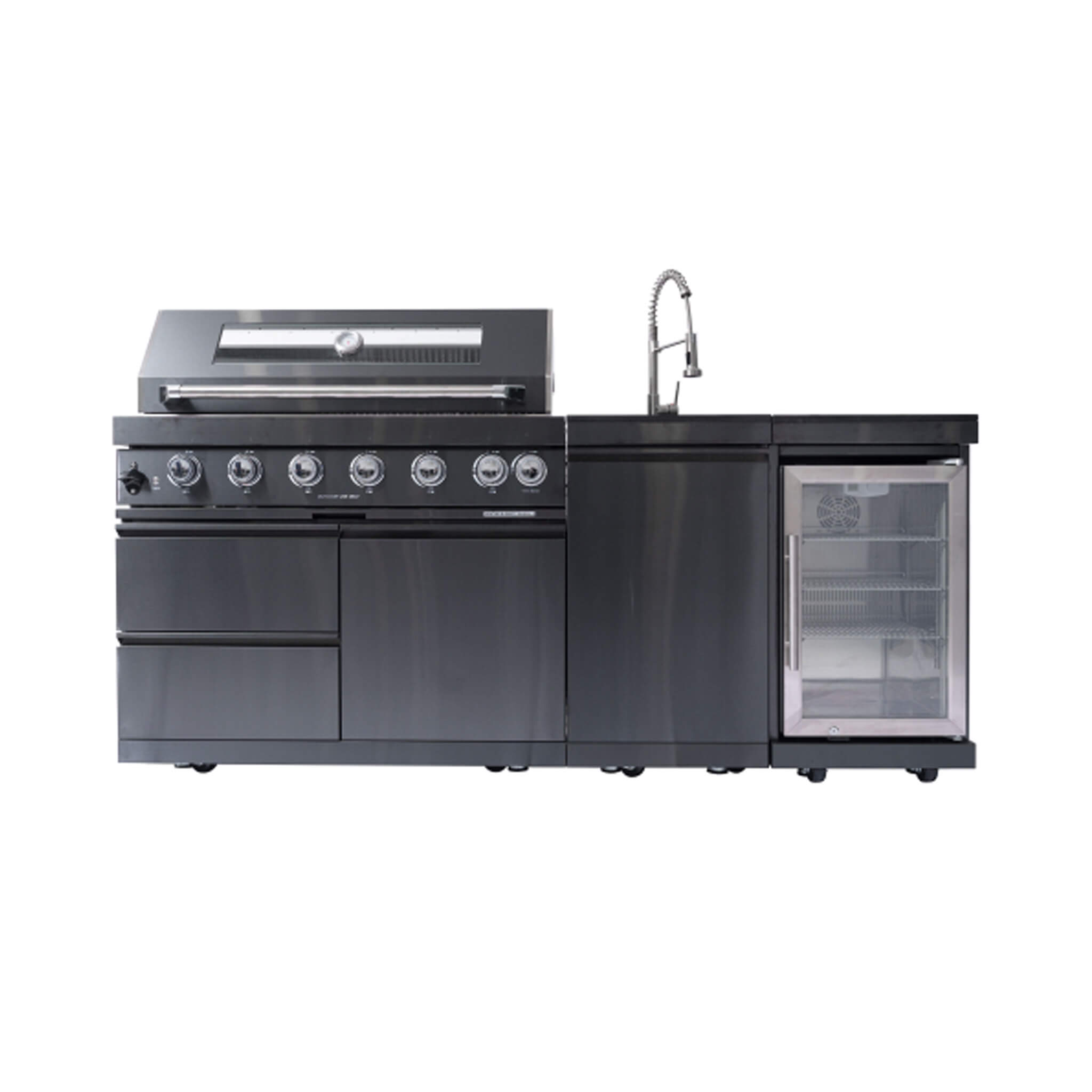 Castelle Flame Verona 44-Inch 6-Burner 85K BTU Stainless Steel Outdoor BBQ Kitchen Grill Island With Wine Cooler, Rotisserie Kit, And Storage Cabinets (SAK97105) | Outdoor Kitchen Islands | Wiccan Center