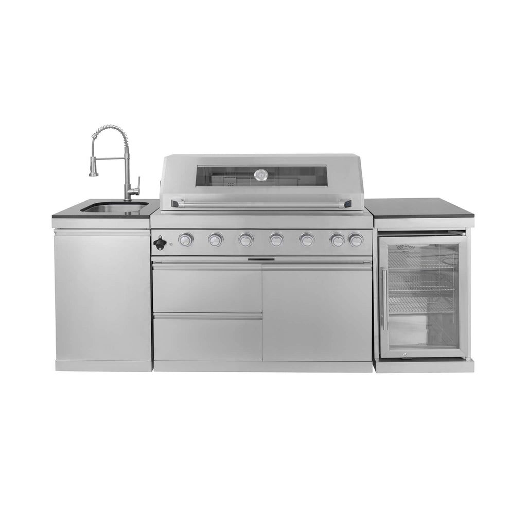 Castelle Flame Verona 44-Inch 6-Burner 85K BTU Stainless Steel Outdoor BBQ Kitchen Grill Island With Wine Cooler, Rotisserie Kit, And Storage Cabinets (SAK97105) | Outdoor Kitchen Islands | Wiccan Center