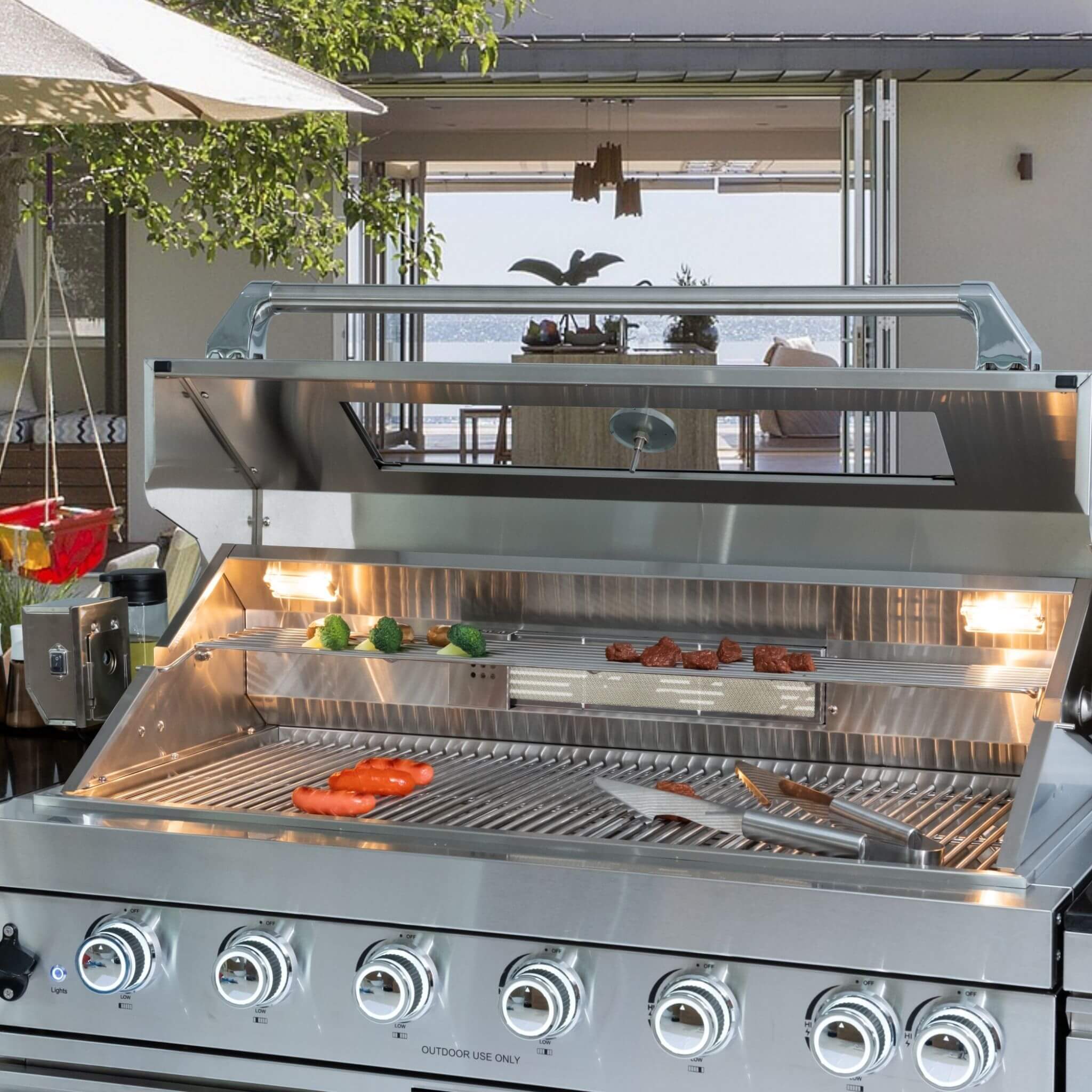 Castelle Flame Verona 44-Inch 6-Burner 85K BTU Stainless Steel Outdoor BBQ Kitchen Grill Island With Wine Cooler, Rotisserie Kit, And Storage Cabinets (SAK97105) | Outdoor Kitchen Islands | Wiccan Center