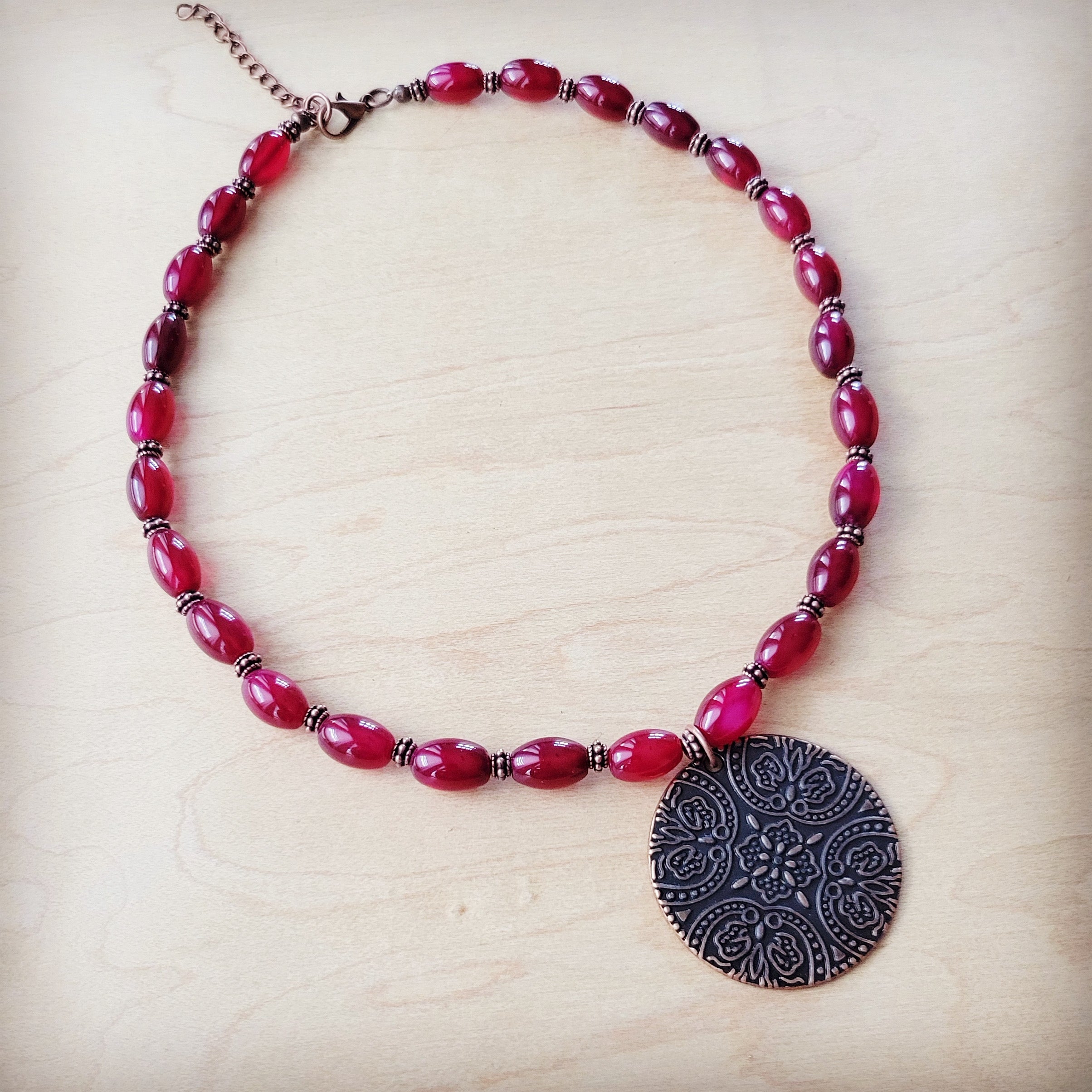 **Natural Pink Jade Beaded Collar Necklace w/ Scroll Pendant 261L | Necklace | Wiccan Center
