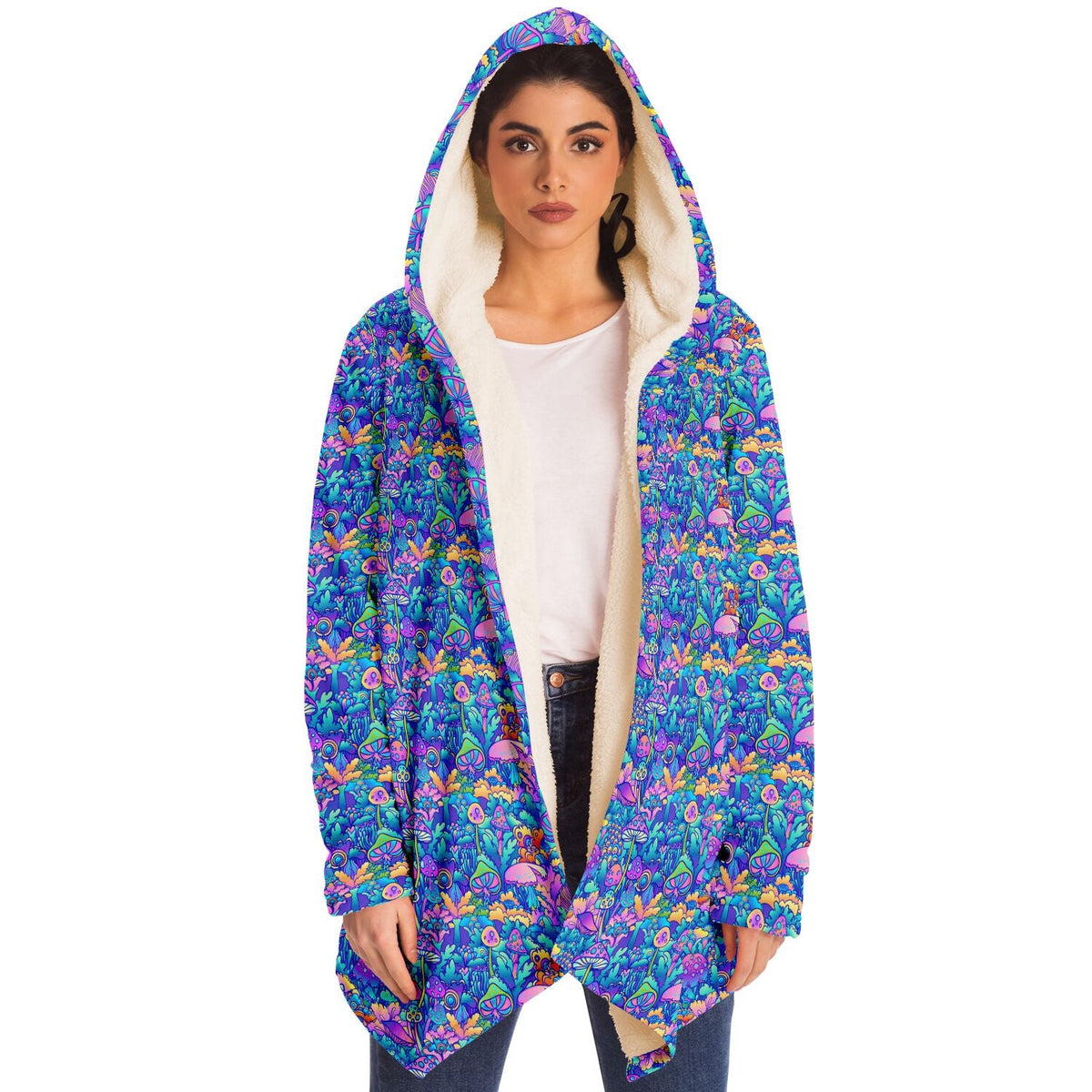Psychedelic Mushrooms Cuddle Cloak | Unisex Minky Sherpa Lined Hooded Coat | Women and Mens Festival Coat | Mountain Fashion | Microfleece Cloak - AOP | Wiccan Center