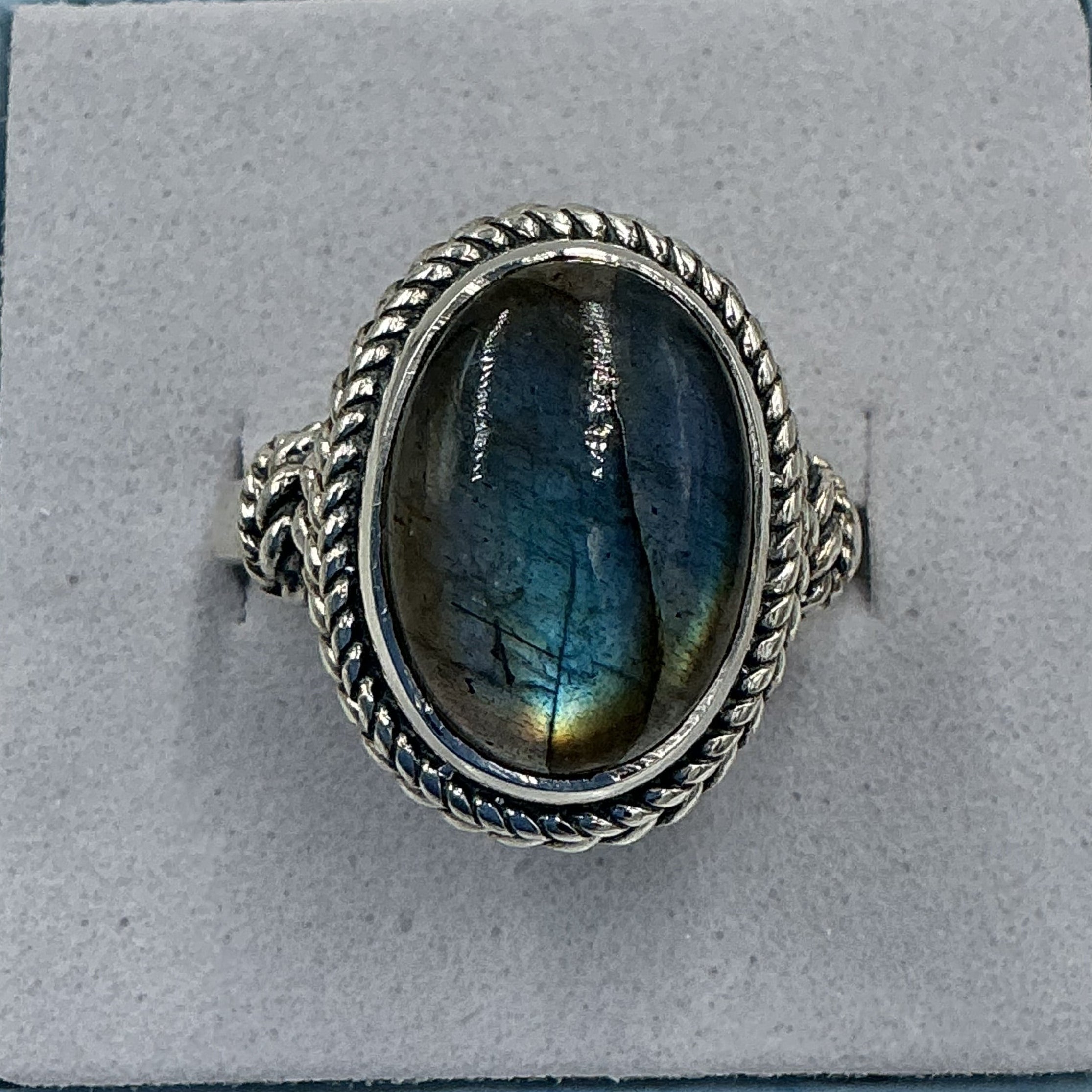 Sterling Silver Twilight Blue Labradorite Oval Rope Ring - Size 8 - Magic and Protection | Rings | Wiccan Center
