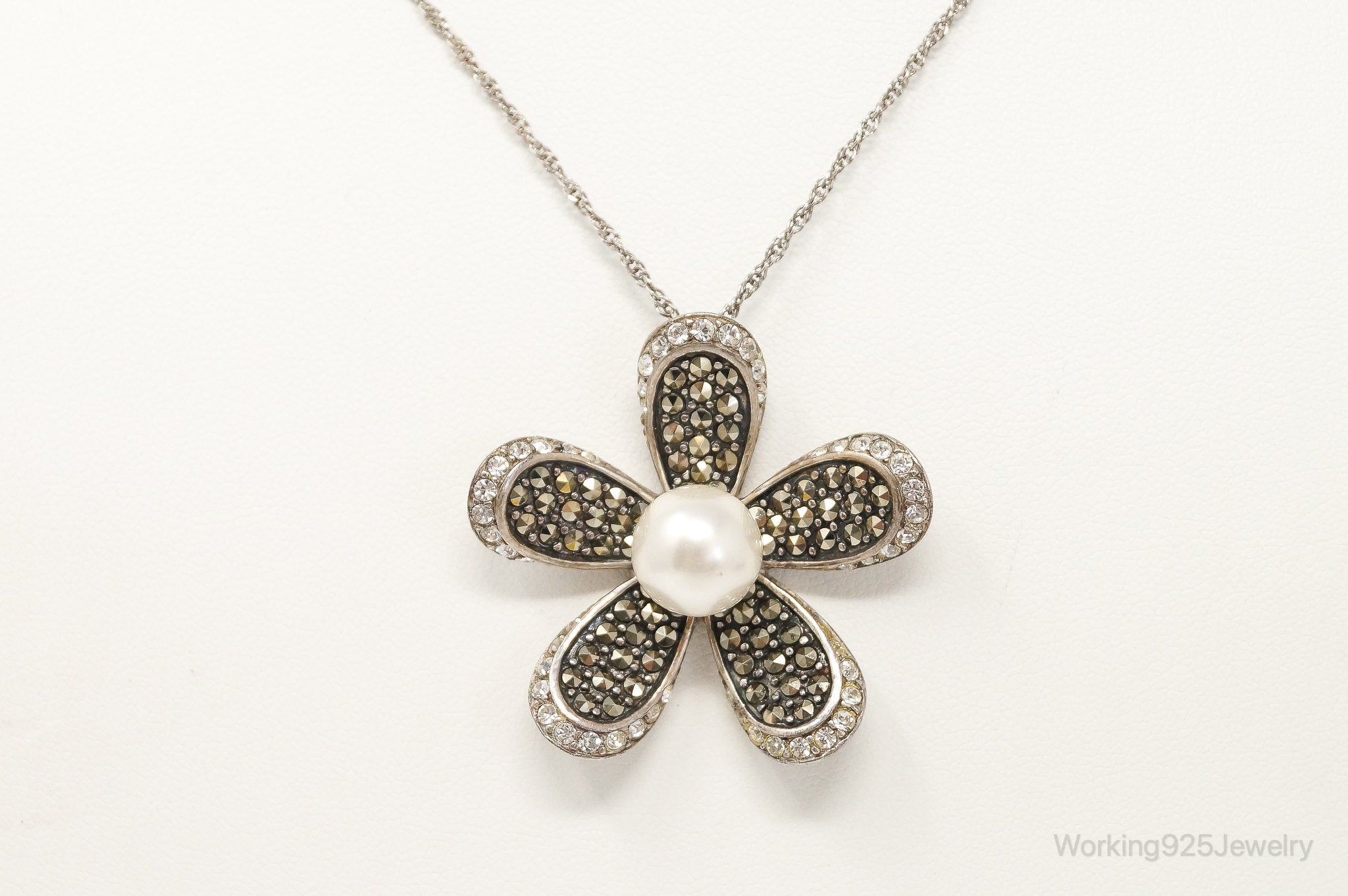 Vintage Designer SLC Pearl CZ Marcasite Sterling Silver Flower Necklace | Jewelry > Necklaces > Pendants | Wiccan Center